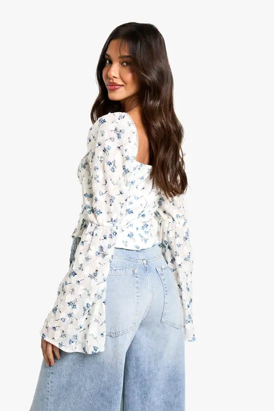 boohoo Lace Floral Flare Sleeve Milkmaid Top
