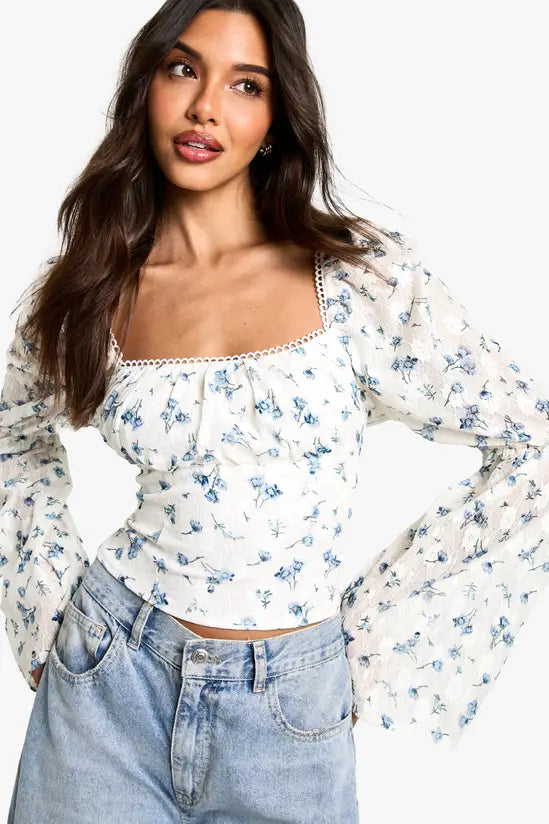 boohoo Lace Floral Flare Sleeve Milkmaid Top