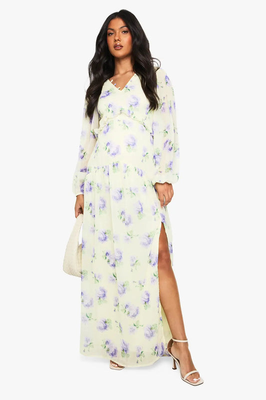 boohoo Maternity Chiffon Long Sleeve Pleated Waist Maxi Dress