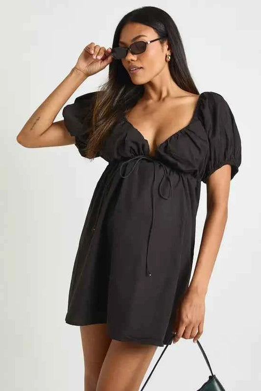 boohoo Maternity Cotton Tie Front Puff Sleeve Skater Dress