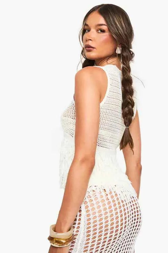 boohoo Tassel Hem Crochet Knitted Top