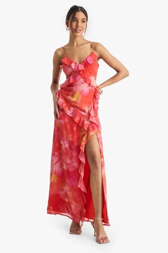 boohoo Floral Crinkle Chiffon Ruffle Maxi Dress