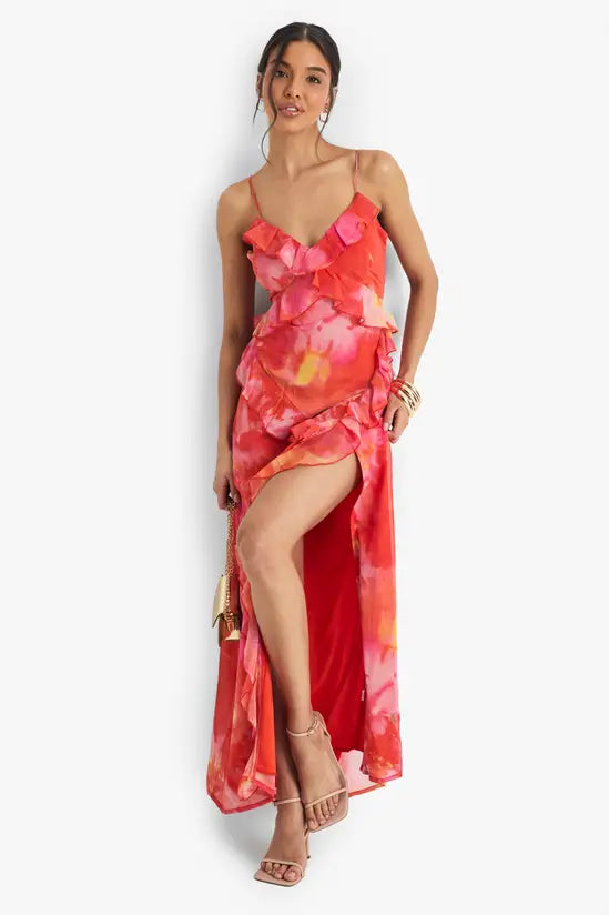 boohoo Floral Crinkle Chiffon Ruffle Maxi Dress