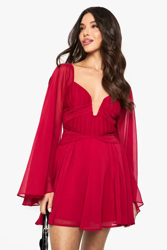 Boohoo Chiffon Pleated Long Sleeve Mini Dress