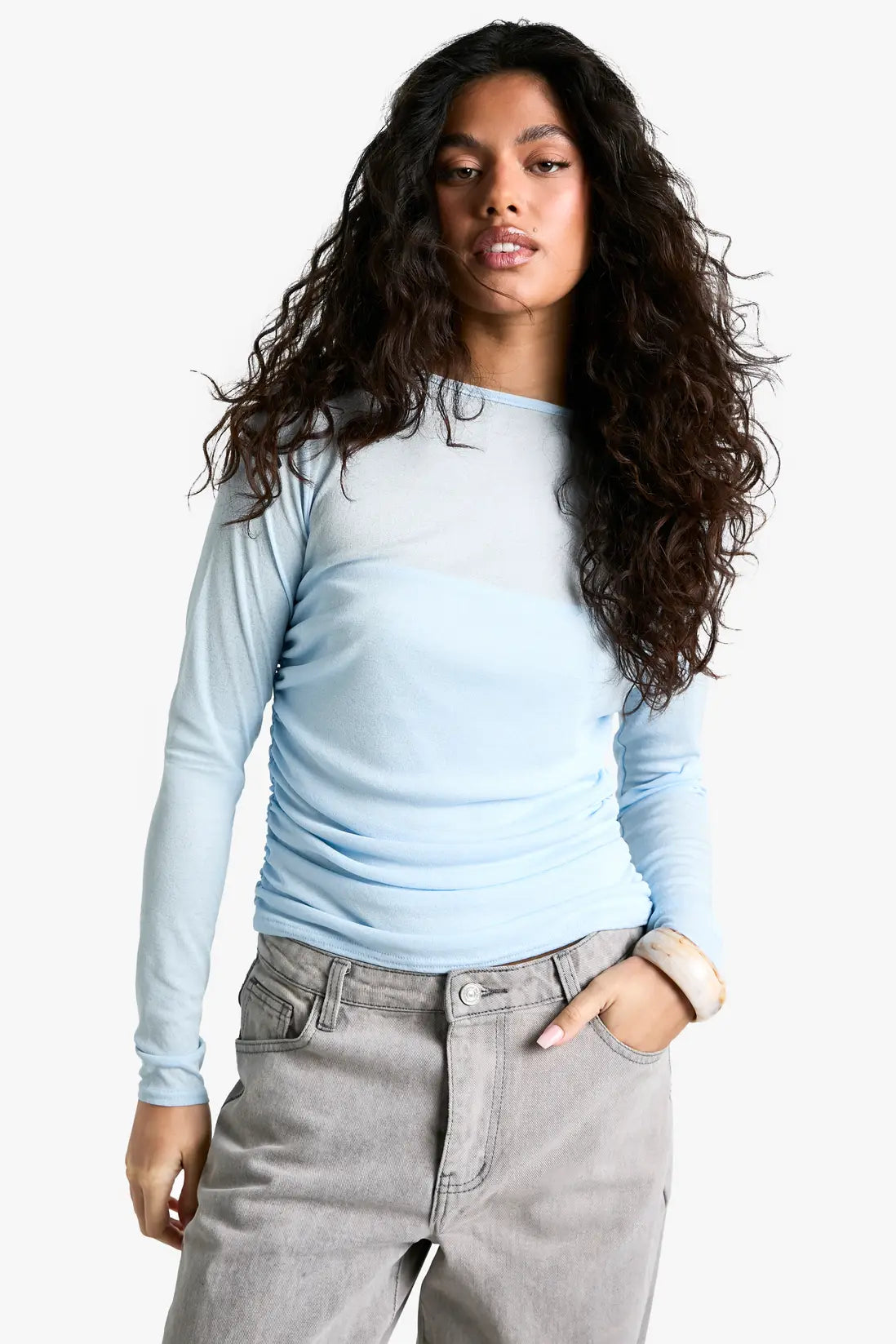 boohoo Textured Mesh Ruched Side Top
