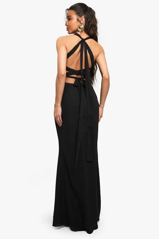 Boohoo Chiffon Scarf Detail Lace Up Back Maxi Dress