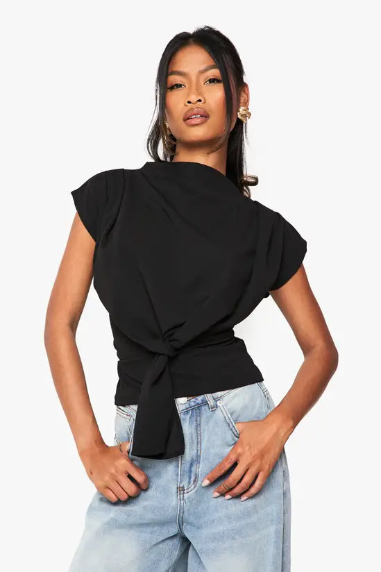 boohoo Crepe Knot Cowl Neck Blouse