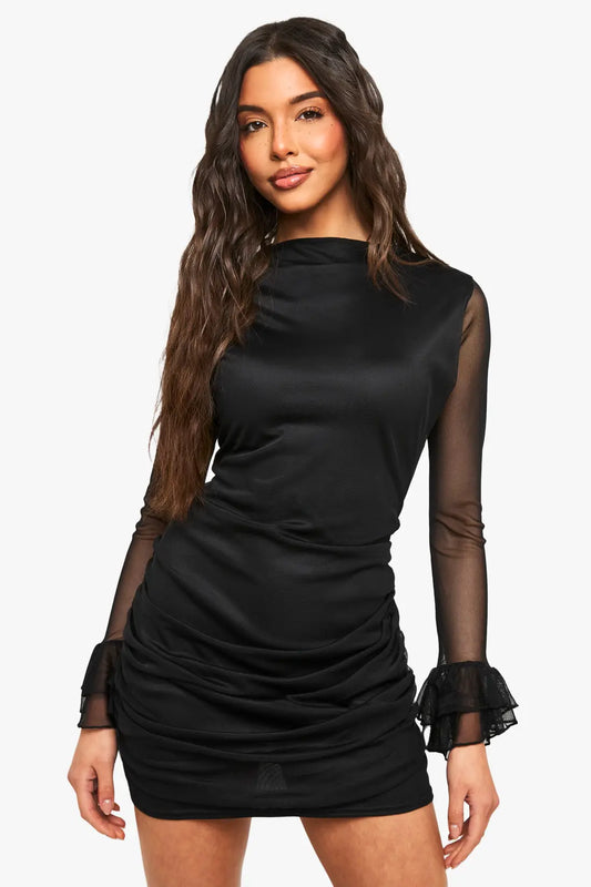 boohoo Mesh Flare Sleeve Mini Dress