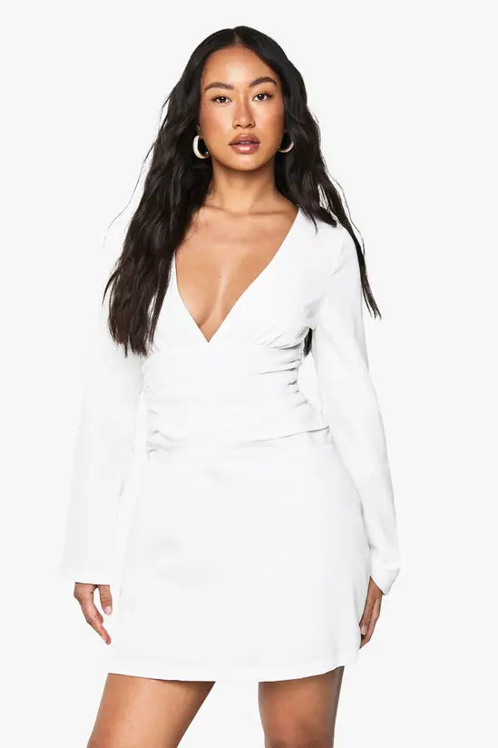 boohoo Long Sleeve Plunge Ruched Mini Dress