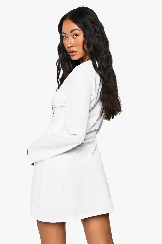 boohoo Long Sleeve Plunge Ruched Mini Dress