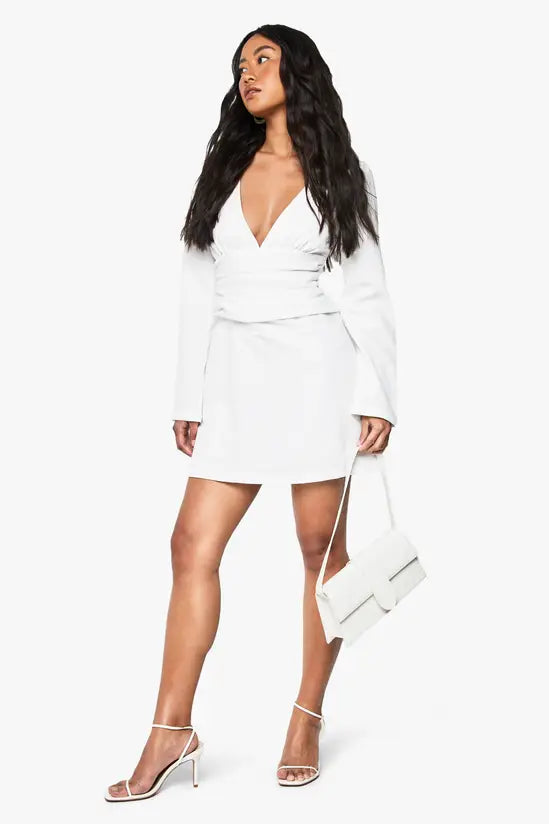 boohoo Long Sleeve Plunge Ruched Mini Dress