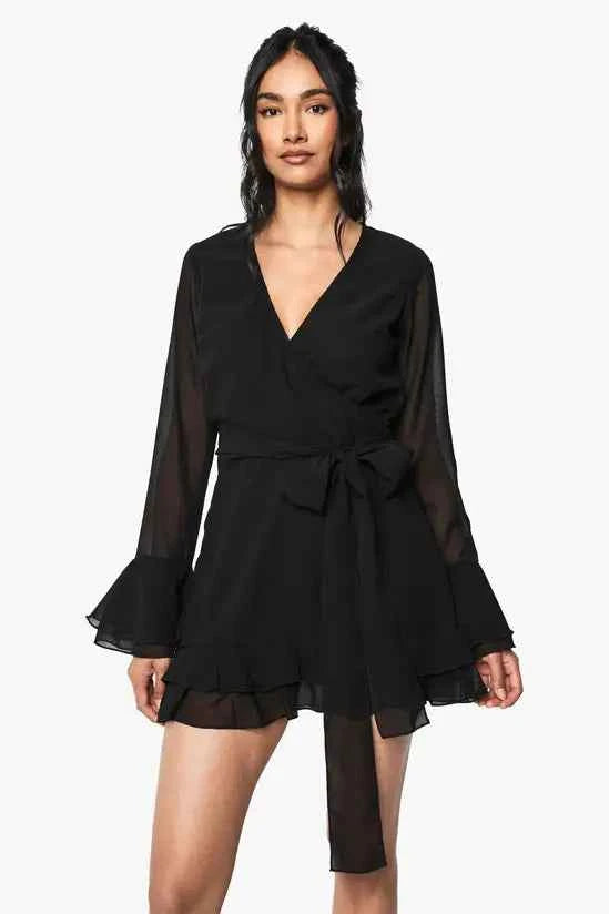 boohoo Flare Sleeve Chiffon Wrap Mini Dress