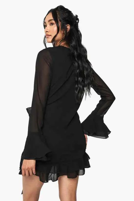 boohoo Flare Sleeve Chiffon Wrap Mini Dress