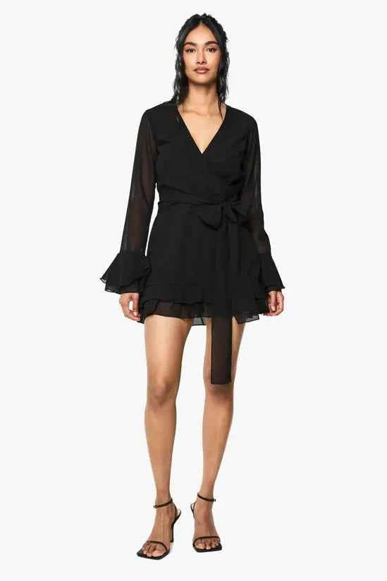 boohoo Flare Sleeve Chiffon Wrap Mini Dress