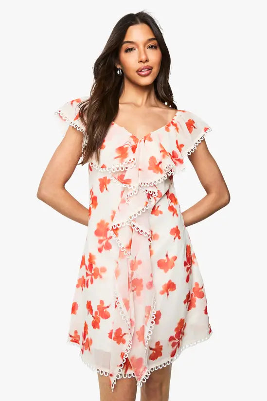boohoo Chiffon Floral Ruffle Bardot Mini Dress