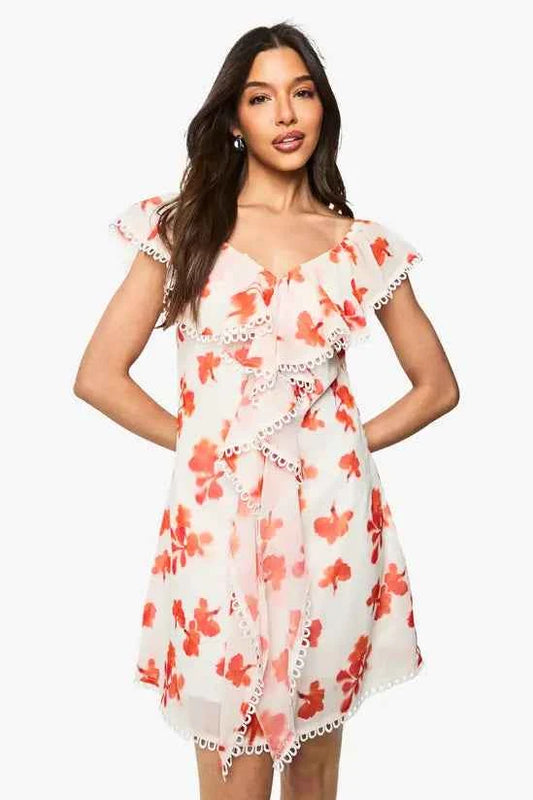 boohoo Chiffon Floral Ruffle Bardot Mini Dress