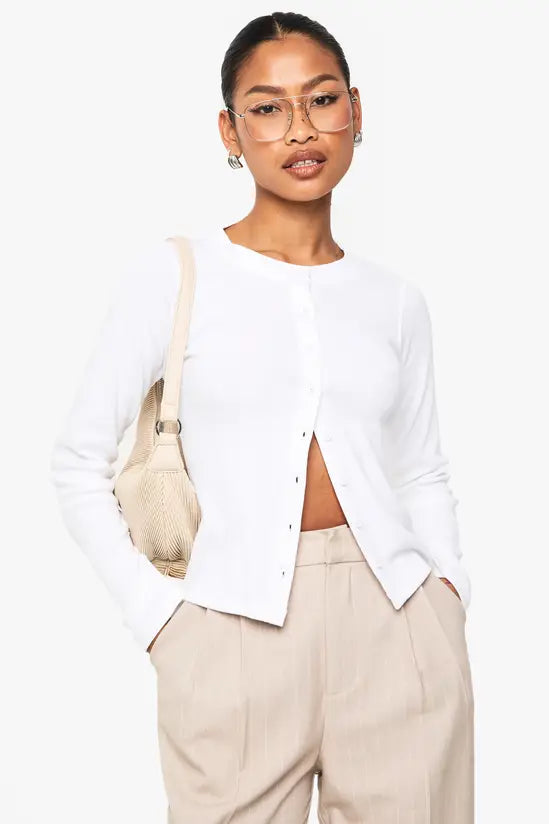 boohoo Rib Button Through Long Sleeve Top