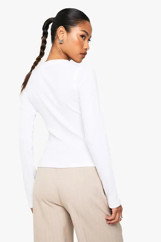 boohoo Rib Button Through Long Sleeve Top