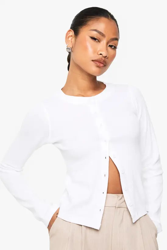 boohoo Rib Button Through Long Sleeve Top