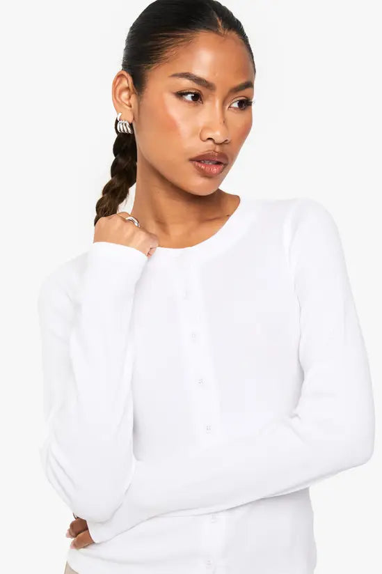 boohoo Rib Button Through Long Sleeve Top