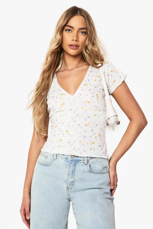 boohoo Textured Ditsy Picot Trim V Neck Top