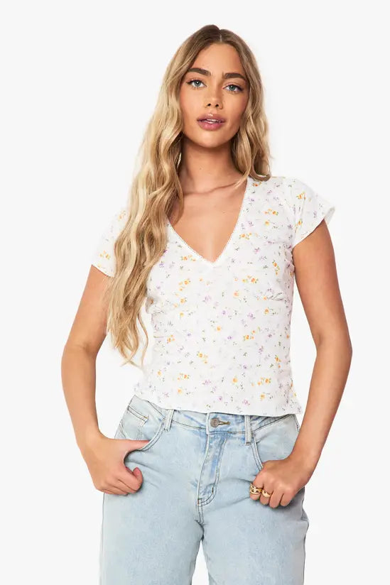 boohoo Textured Ditsy Picot Trim V Neck Top
