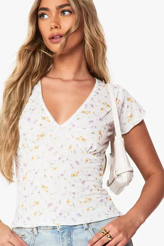 boohoo Textured Ditsy Picot Trim V Neck Top