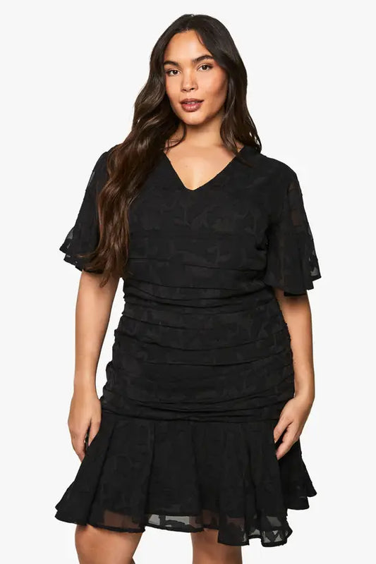 boohoo Plus Jacquard Floral Rouched Frill Hem Mini Dress