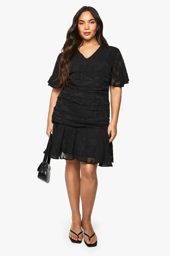 boohoo Plus Jacquard Floral Rouched Frill Hem Mini Dress