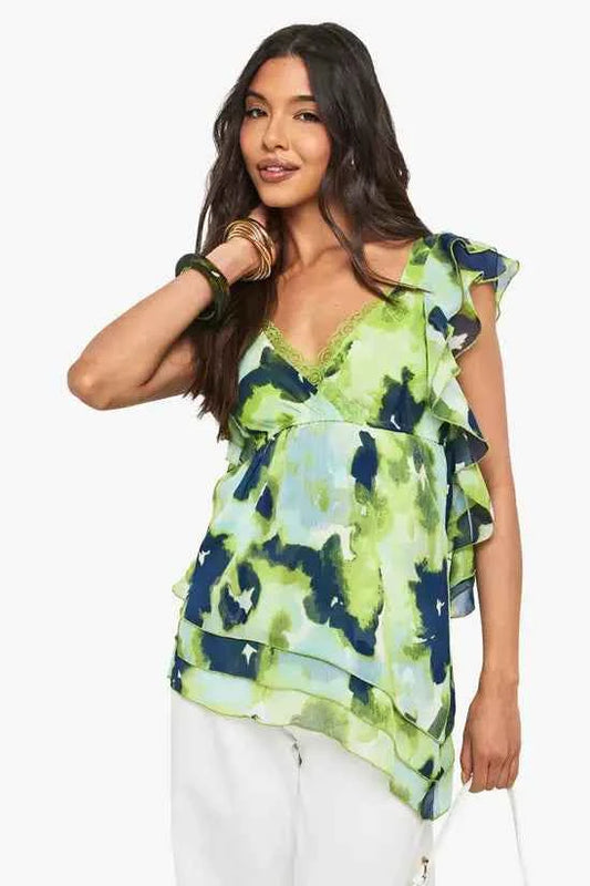 boohoo Floral Chiffon Asymmetric Ruffle Blouse