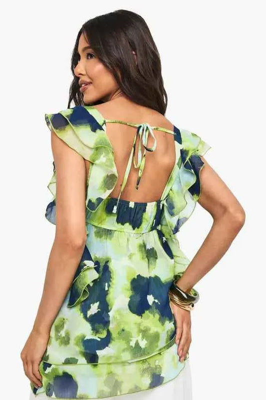 boohoo Floral Chiffon Asymmetric Ruffle Blouse