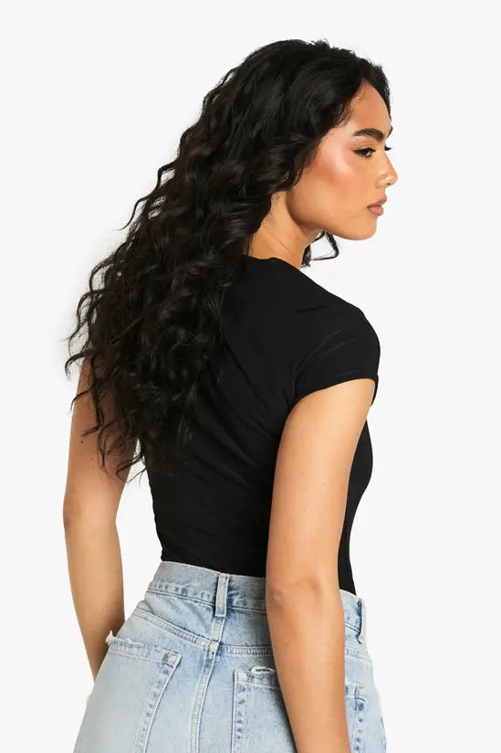 boohoo Double Layer Slinky Square Neck Cap Sleeve Bodysuit