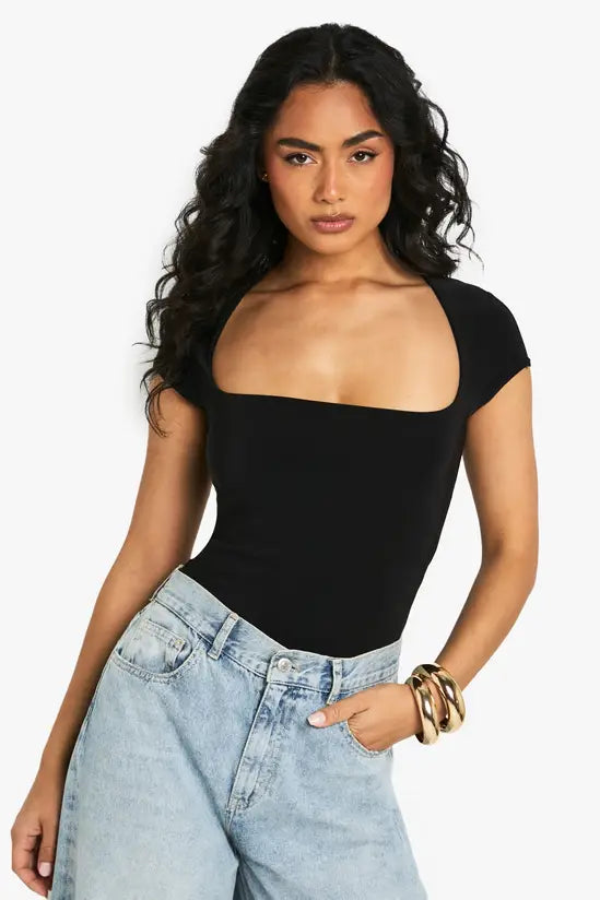 boohoo Double Layer Slinky Square Neck Cap Sleeve Bodysuit