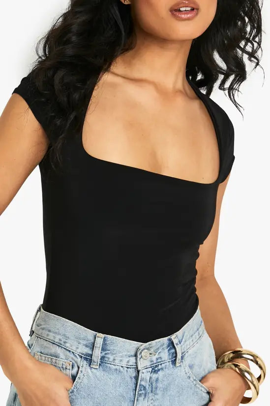 boohoo Double Layer Slinky Square Neck Cap Sleeve Bodysuit