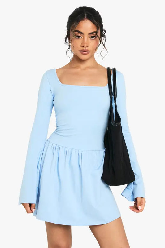 boohoo Square Neck Dropped Puff Ball Hem Mini Dress