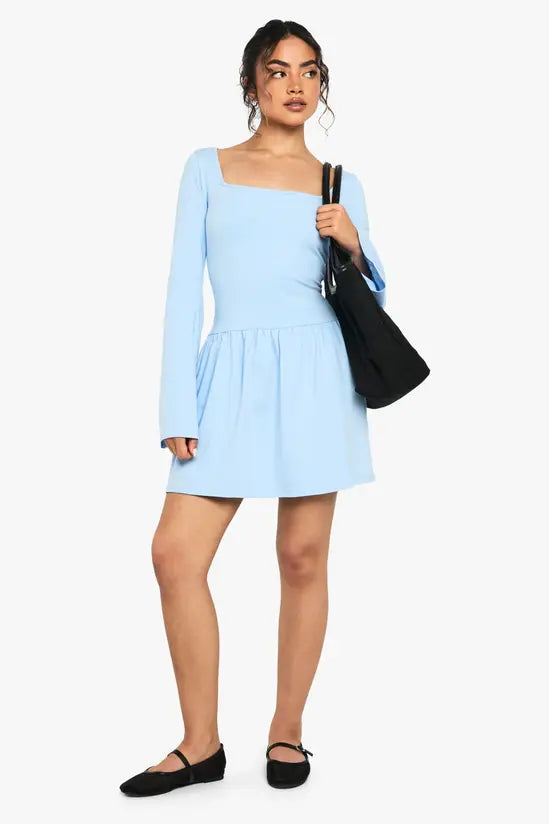 boohoo Square Neck Dropped Puff Ball Hem Mini Dress