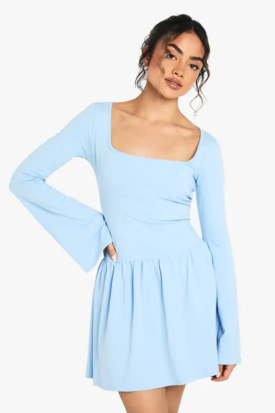 boohoo Square Neck Dropped Puff Ball Hem Mini Dress