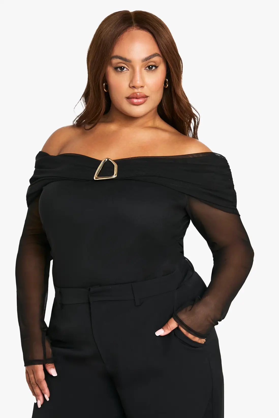 boohoo Plus Bardot Gold Trim Ruched Top