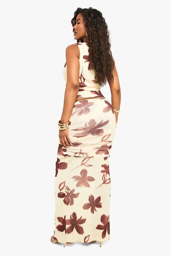 boohoo Textured Mesh Ruched Overlay Maxi Skirt