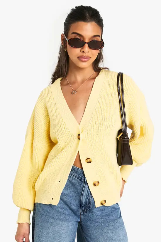 boohoo Balloon Sleeve Button Through Rib Cardigan