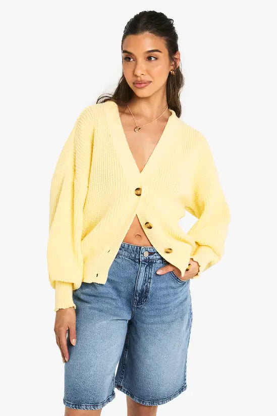 boohoo Balloon Sleeve Button Through Rib Cardigan