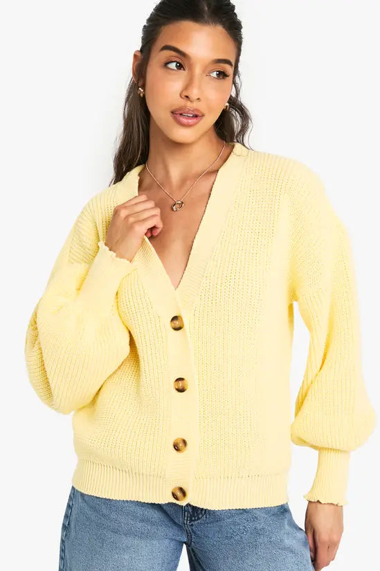 boohoo Balloon Sleeve Button Through Rib Cardigan