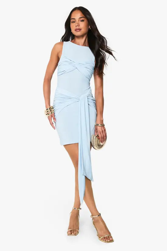 boohoo Ruched Twist Detail Racer Neck Mini Dress