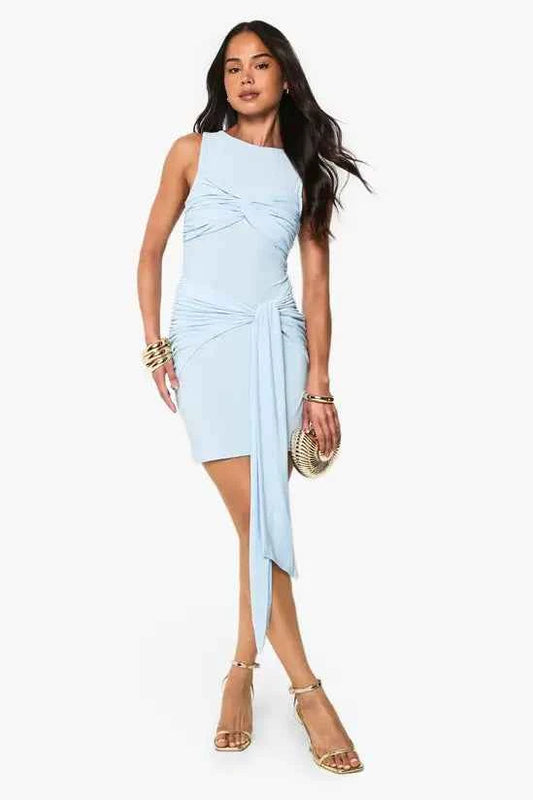boohoo Ruched Twist Detail Racer Neck Mini Dress