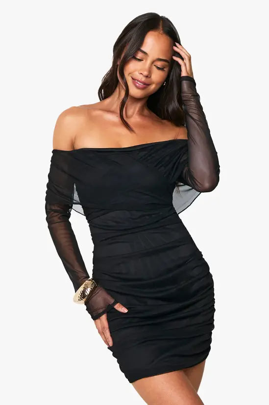 boohoo Ruched Mesh Twist Mini Dress