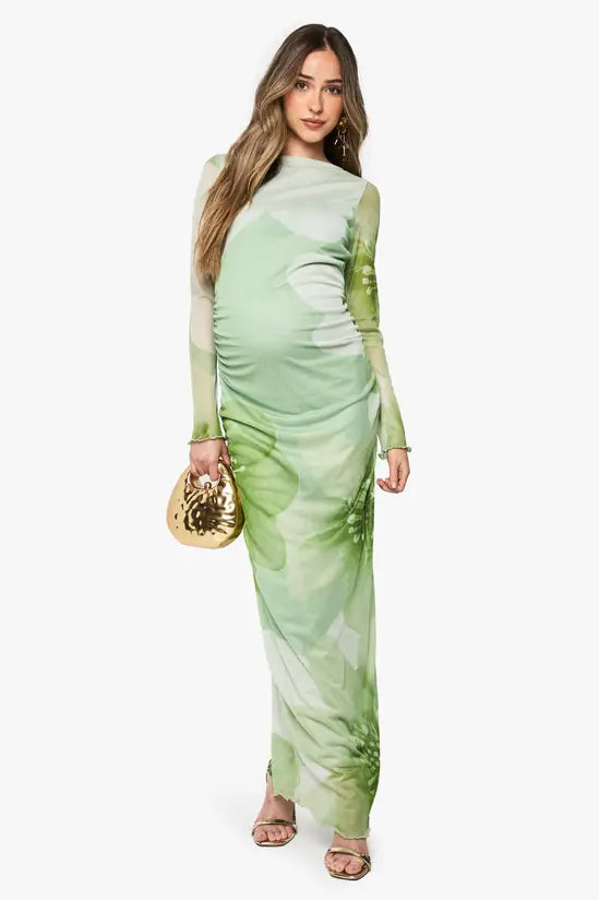 Boohoo - Maternity Floral Mesh Ruched Maxi Dress