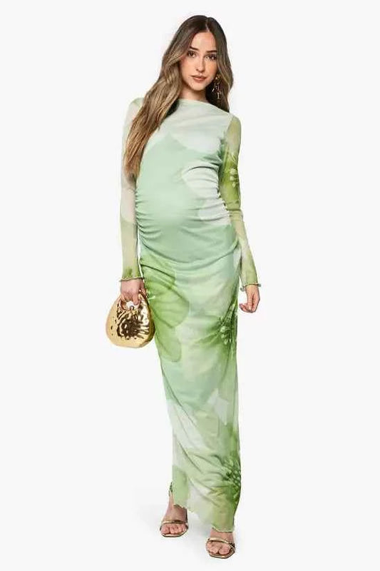 Boohoo - Maternity Floral Mesh Ruched Maxi Dress