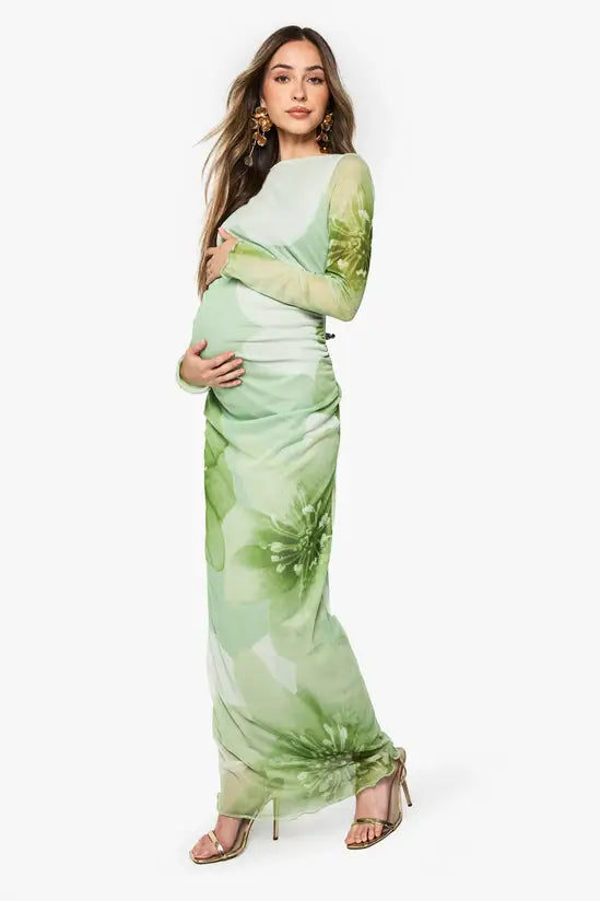 Boohoo - Maternity Floral Mesh Ruched Maxi Dress