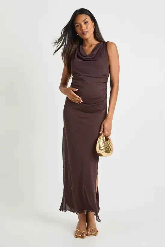 boohoo Maternity Mesh Ruched Cowl Maxi Dress