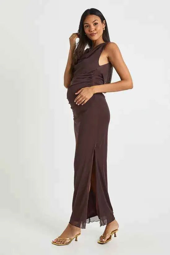 boohoo Maternity Mesh Ruched Cowl Maxi Dress